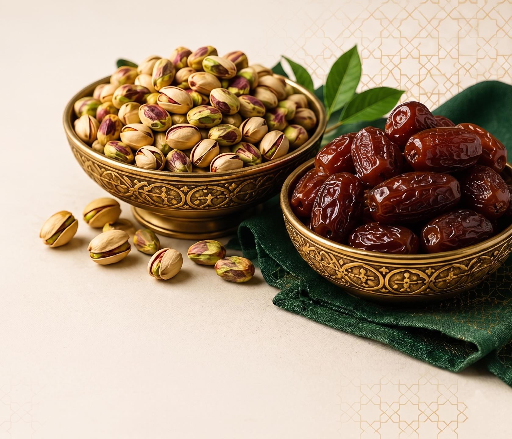 Premium pistachios and dates in golden bowls